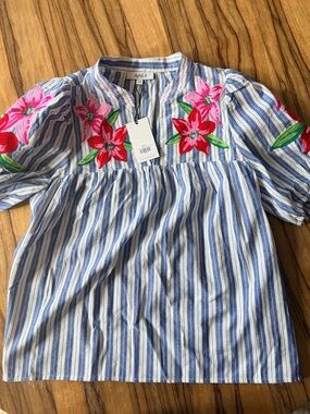 Avara Lakesyn Blue Striped Embroidered Top